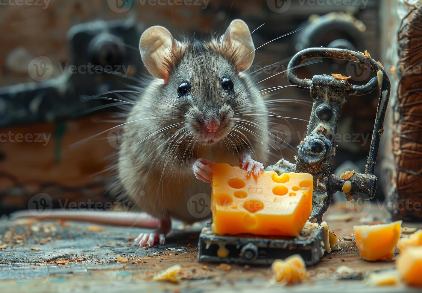 Cute little mouse is sitting on the floor and eating cheese in the kitchen. photo