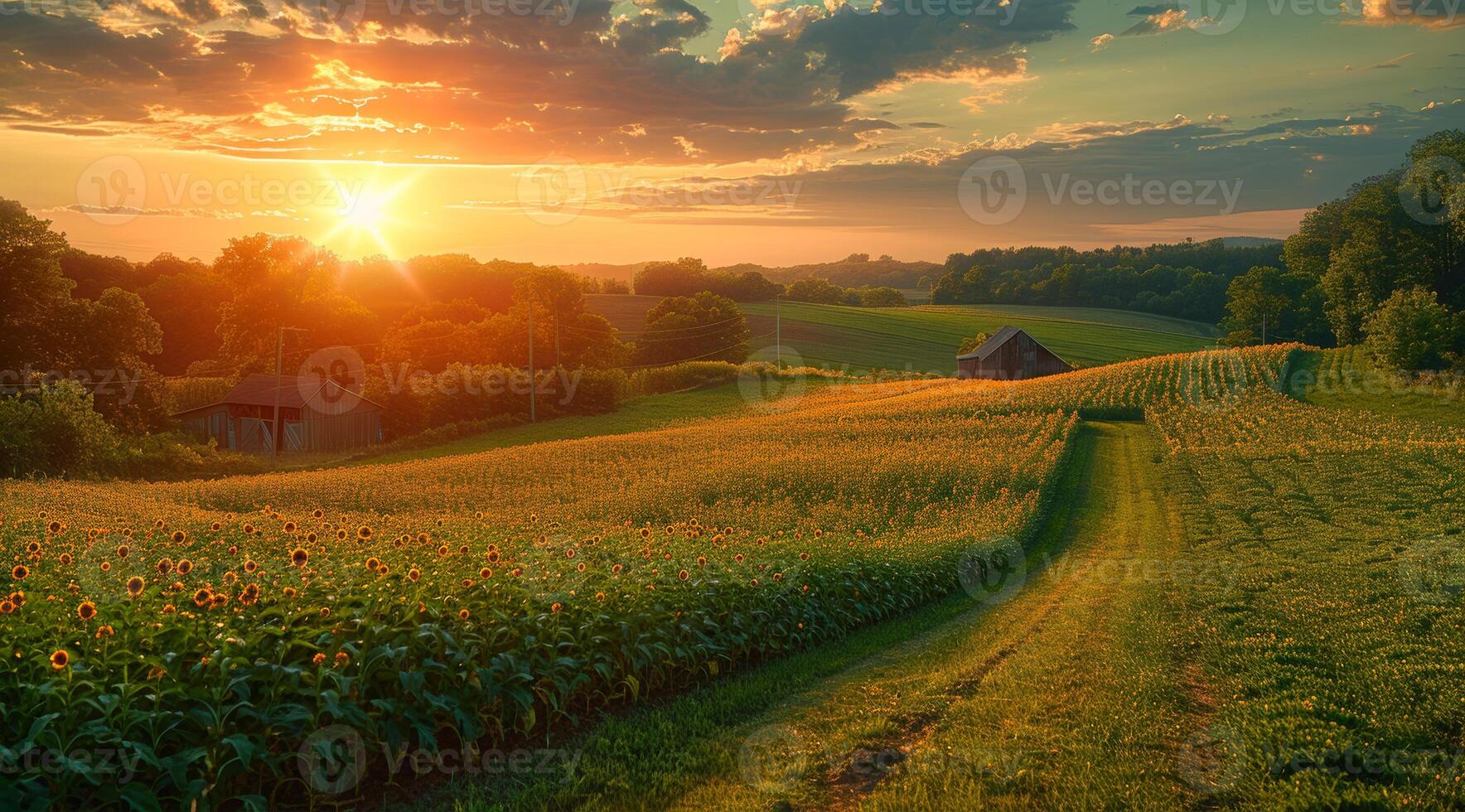Beautiful sunset over field of sunflowers and barn in the distance photo