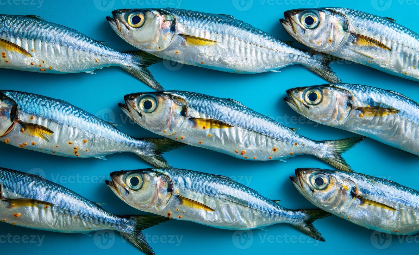 Mackerel fish lined up in row on blue background photo
