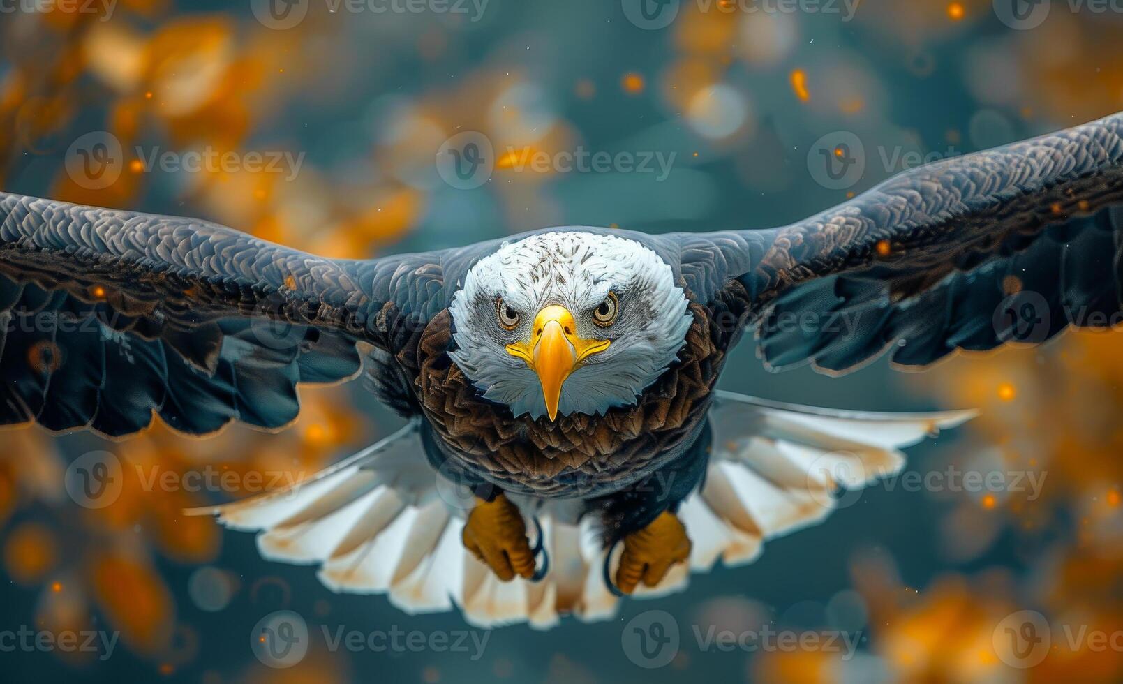 Bald eagle flying in the forest photo