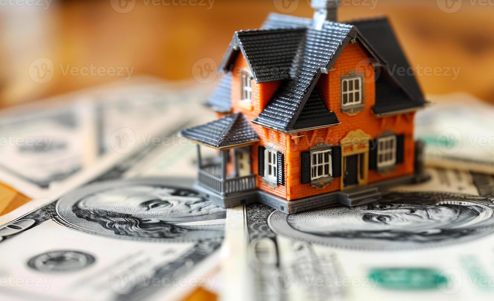 Miniature house sits on top of pile of money photo