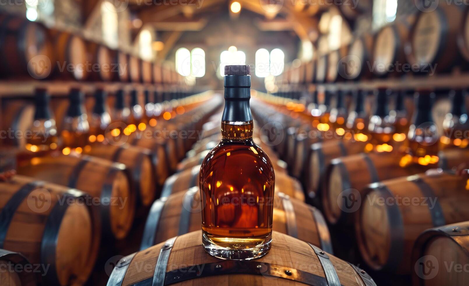 Bottle of whiskey on the background of oak barrels in the cellar of the winery photo