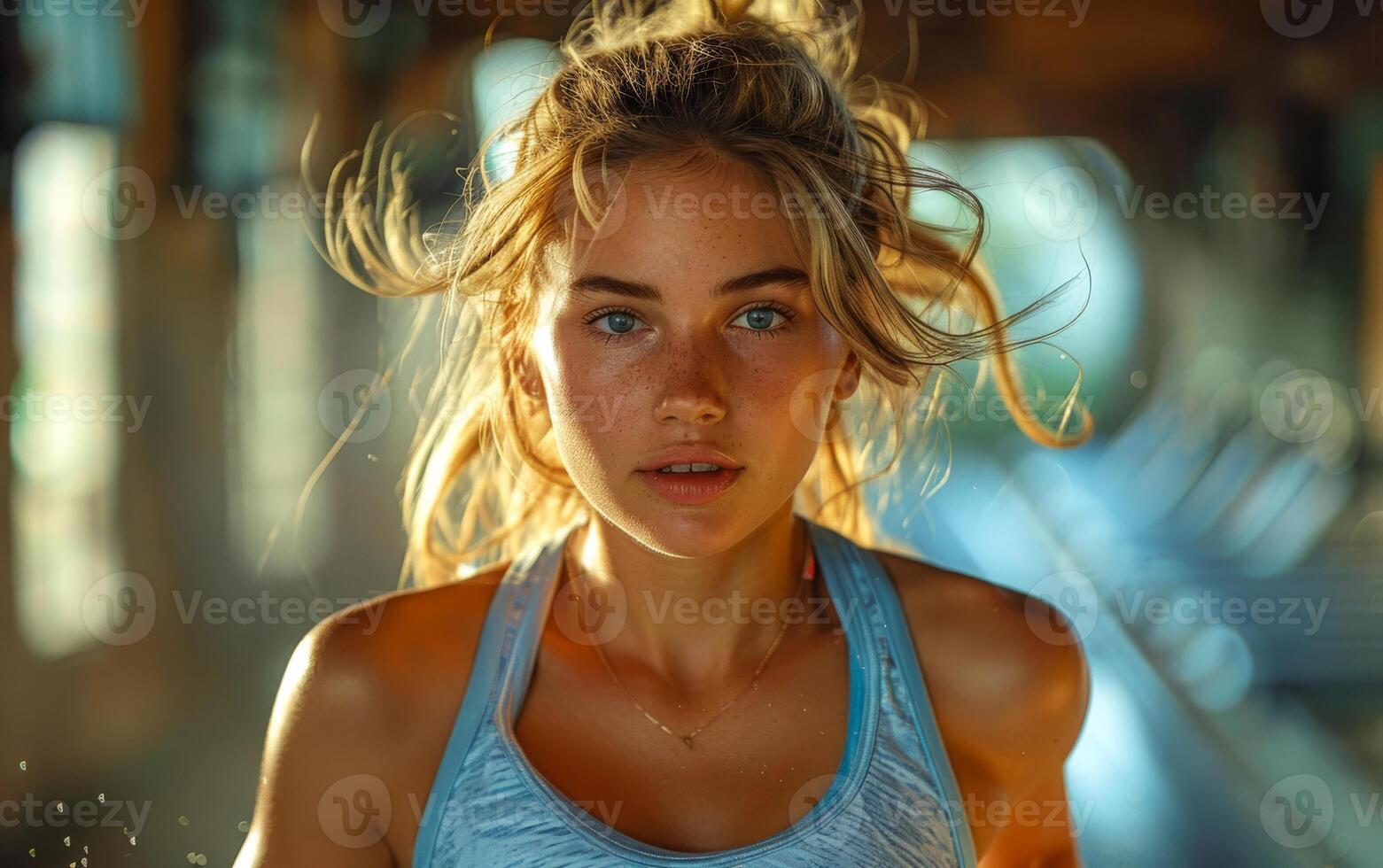 Portrait of beautiful young woman running on treadmill photo