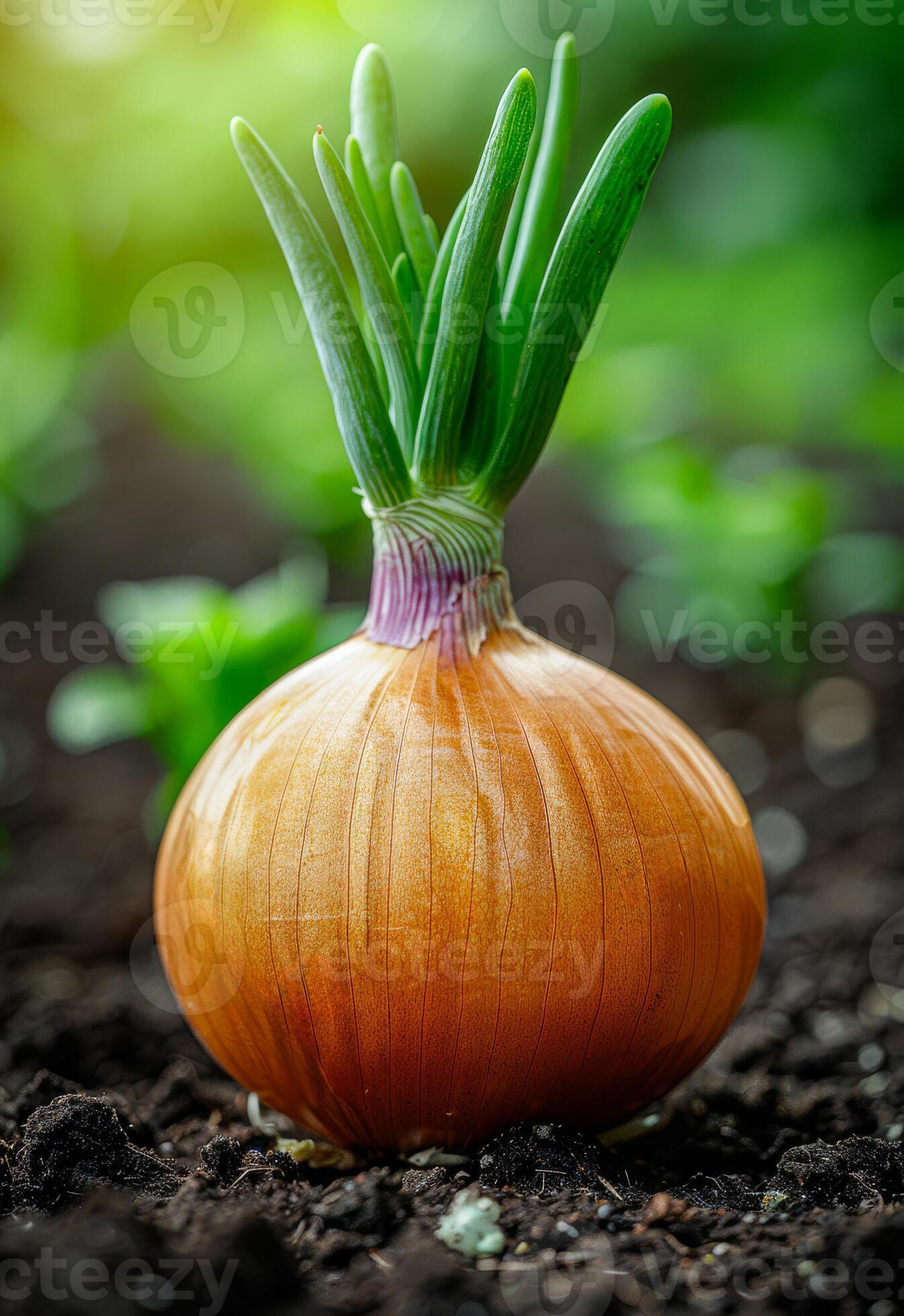 Onion growing in the garden closeup. Onion sprouting from the top of