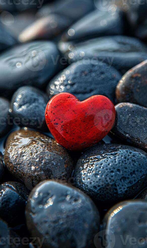 Red heart on wet black stones on the seashore photo