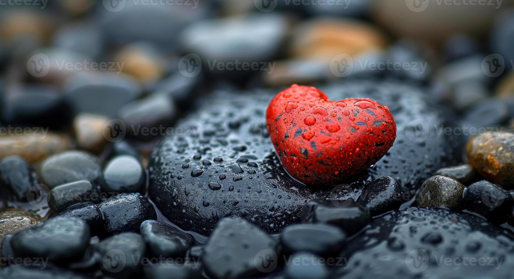 Red heart on the black stones after the rain. Black pebbles with red heart in the middle photo