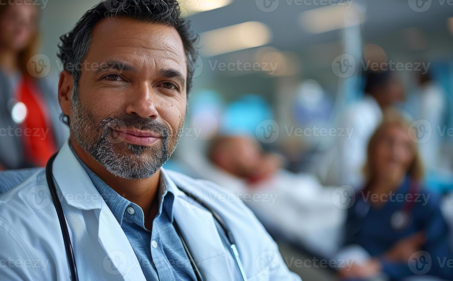 Portrait of mature male doctor standing in hospital corridor photo