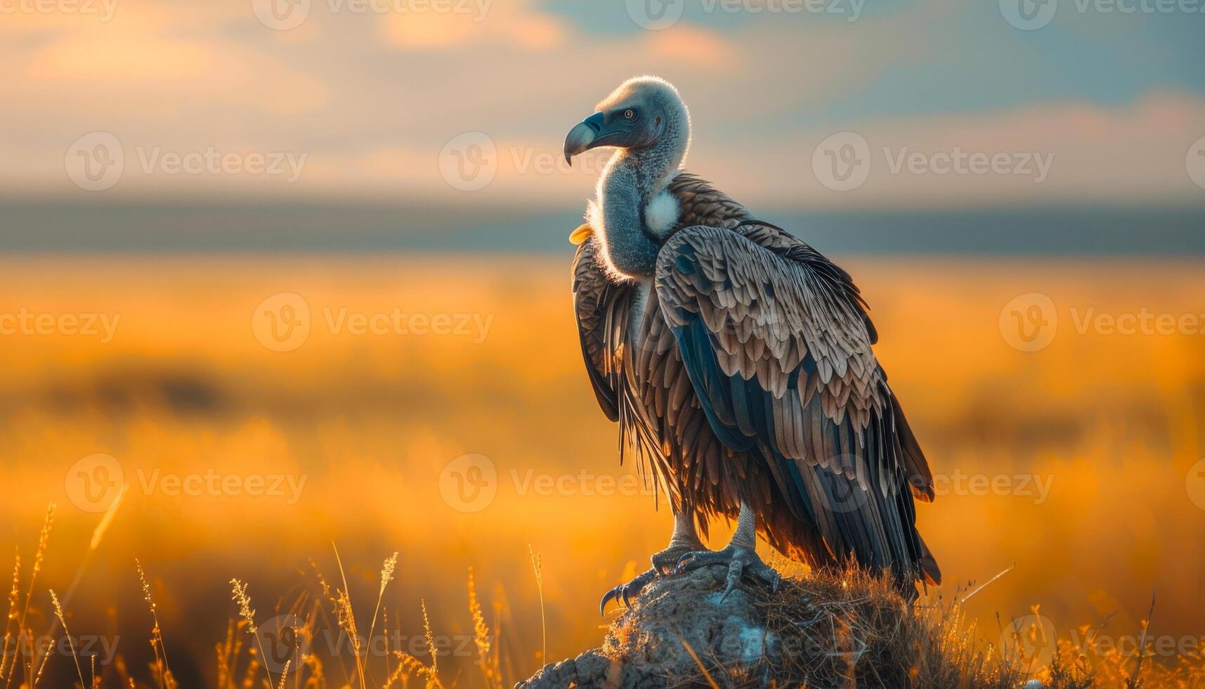 Vulture perched on rock in field photo