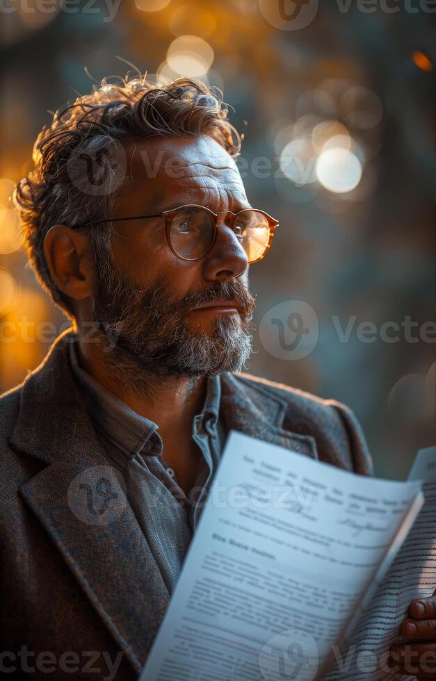 Mature businessman reading document in the city at night photo