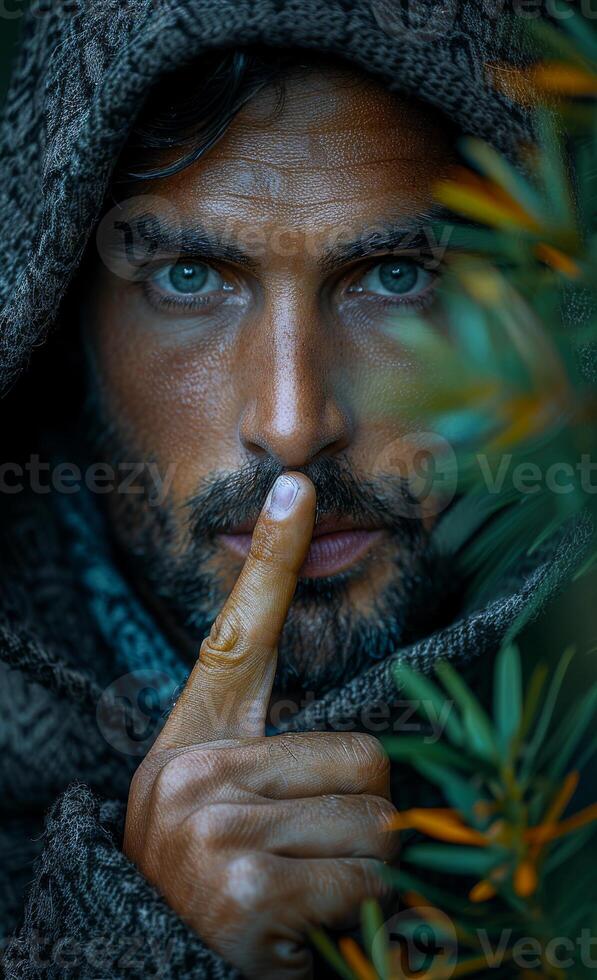 Mysterious man with finger on his lips. Man in hood holds his finger to his lips asking for silence photo