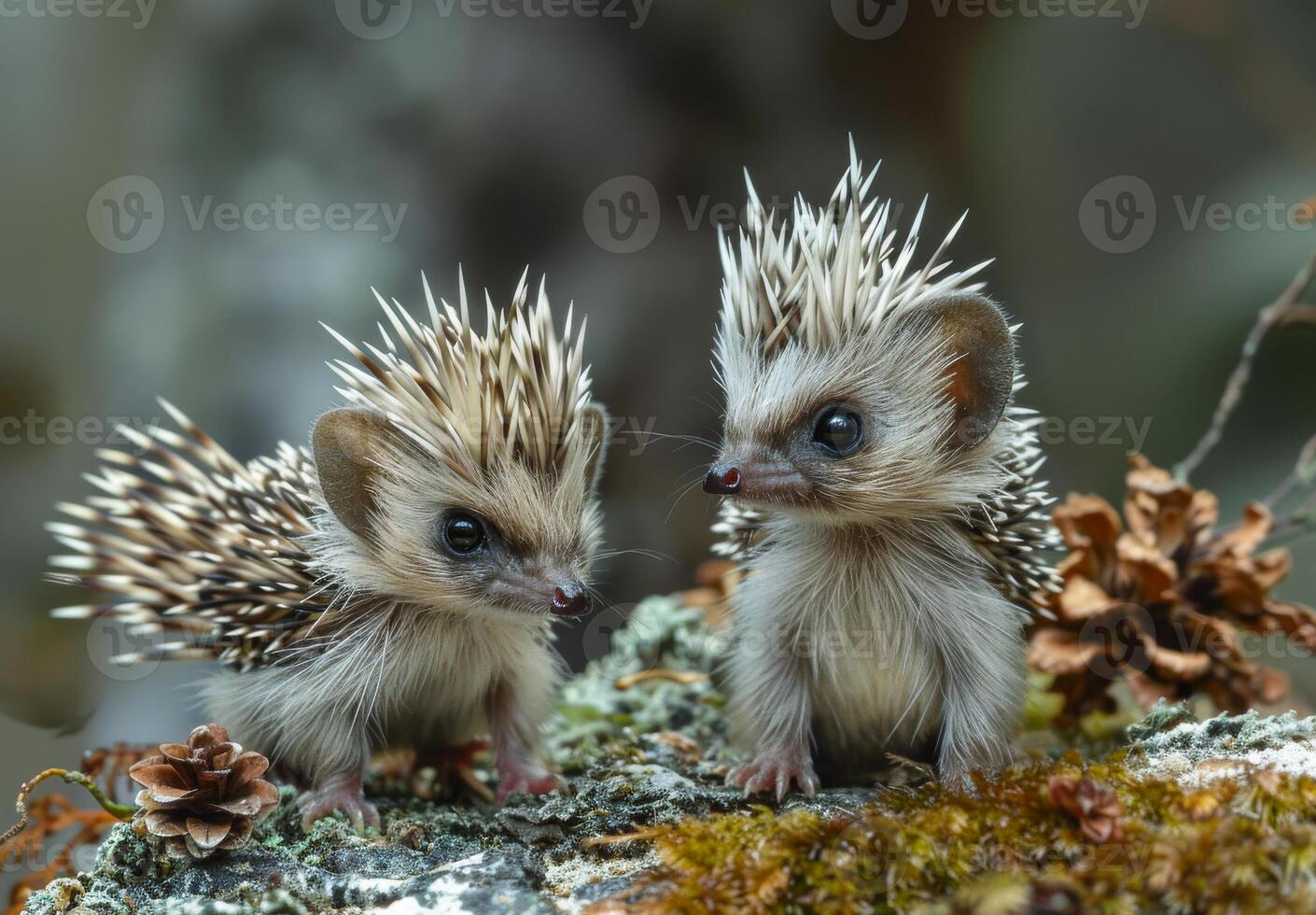 Two young hedgehogs are standing on stone in the forest. photo