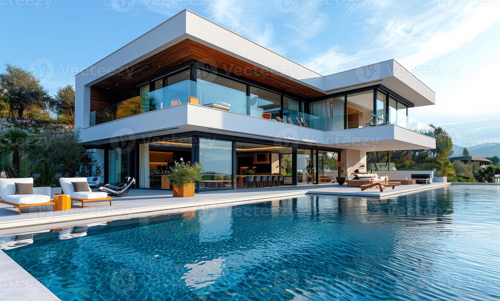Modern house with pool view from the garden photo