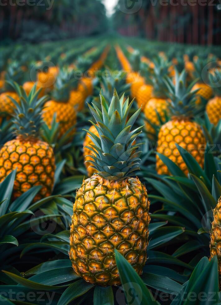 Pineapples in plantation. Field of pineapple plants with large and tall leaves on both sides of the road photo