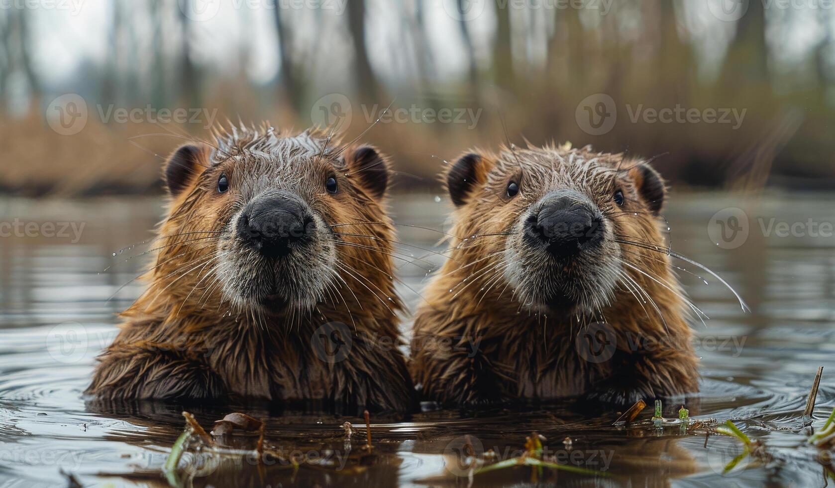 Two beavers are sitting in the water and looking at the camera photo