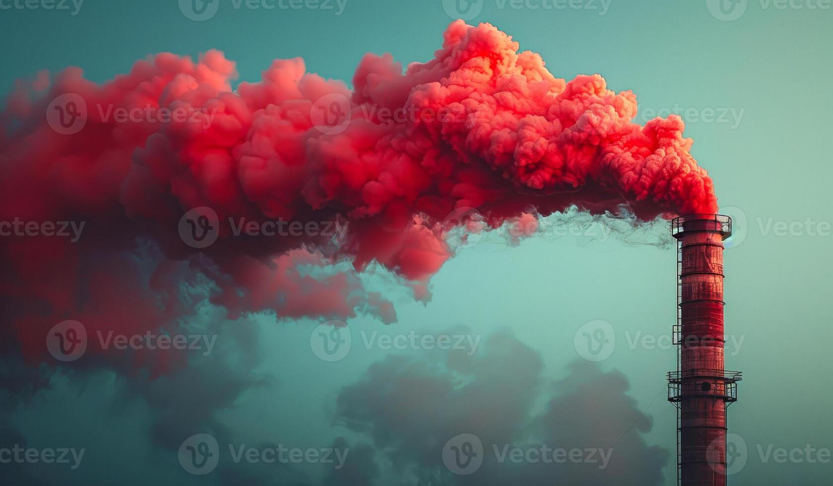 Industrial pipe releases red smoke into the atmosphere polluting the air photo