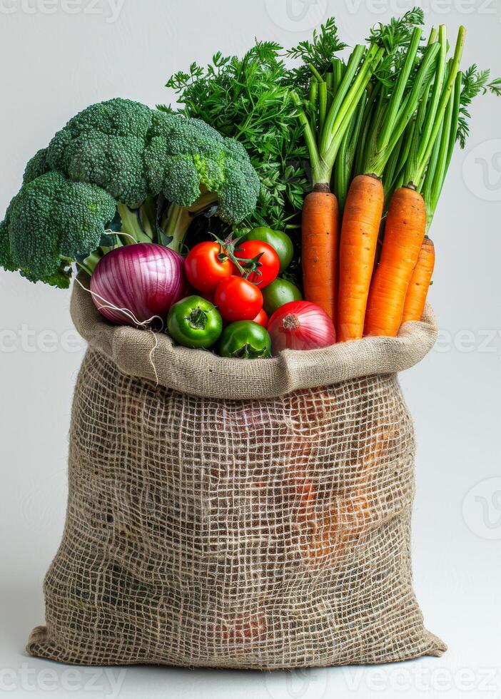 Fresh vegetables in sack. A large net bag filled with vegetables photo