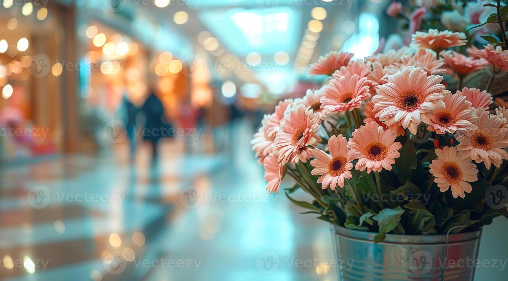 Beautiful flowers in vase in shopping mall photo