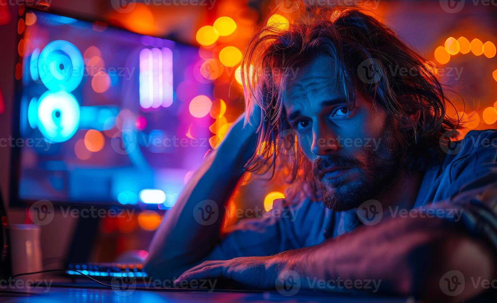 Tired young man is sitting at the table with computer in dark room with neon lights. photo