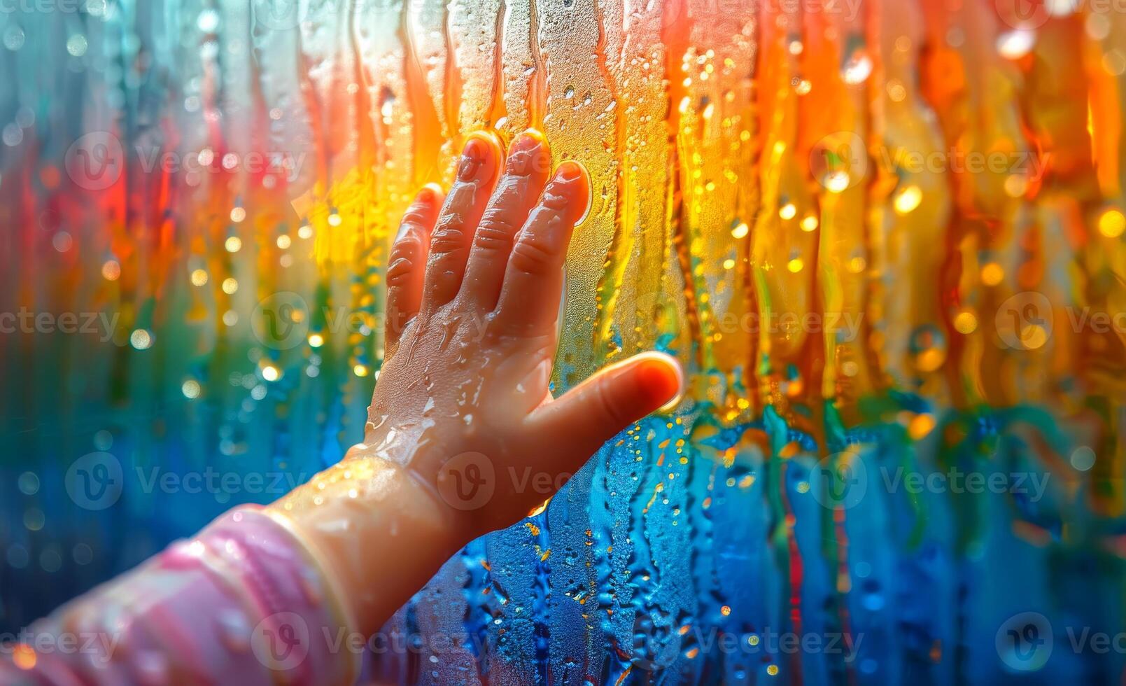 Child hand behind the wet window. A child's hands touch painting rainbow on window photo