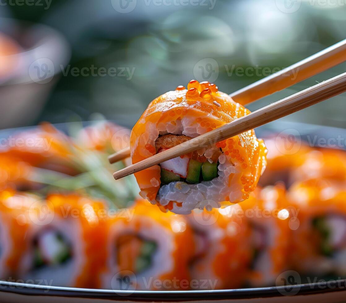 Sushi and chopsticks on plate. A closeup of sushi rolls photo