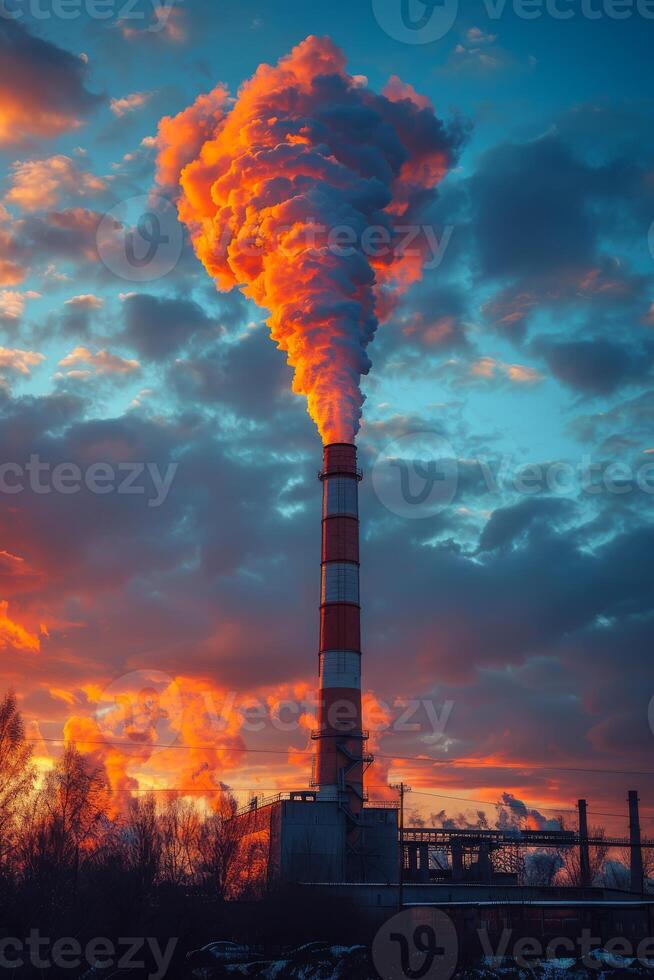 Pipes of thermal power plant at sunset. A factory emitting smoke from its chimney photo