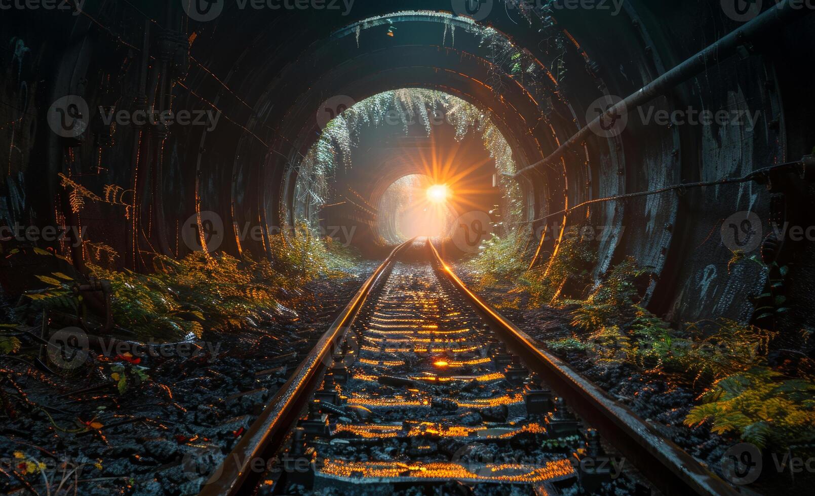Railway tunnel. A dark tunnel with light at the end photo