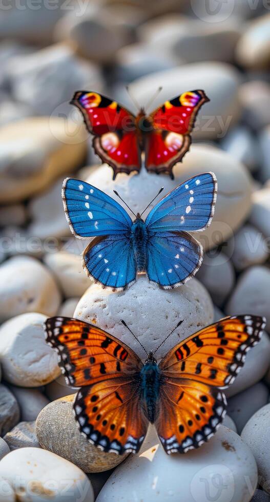 Three colorful butterflies on the pebbles in the soft morning light photo