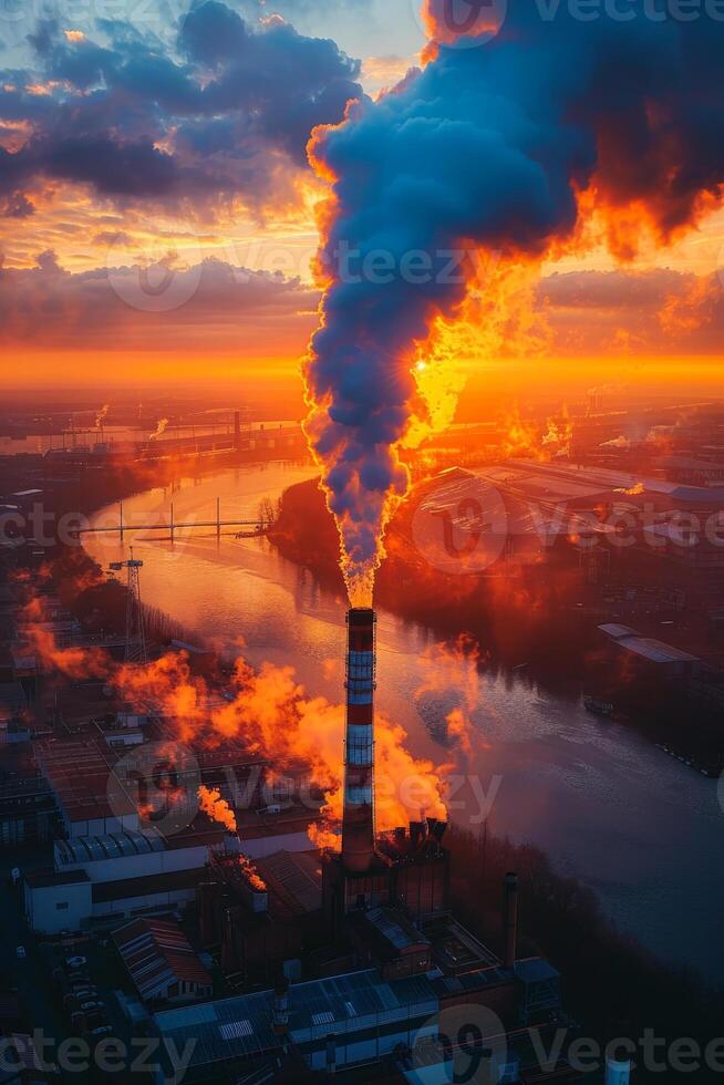 Aerial view of power plant at sunset. A factory emitting smoke from its chimney photo