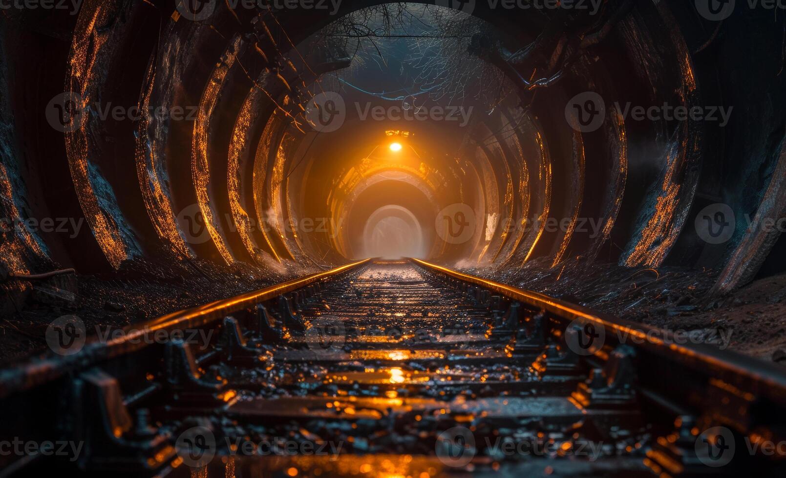 Railway tunnel. A dark tunnel with light at the end photo