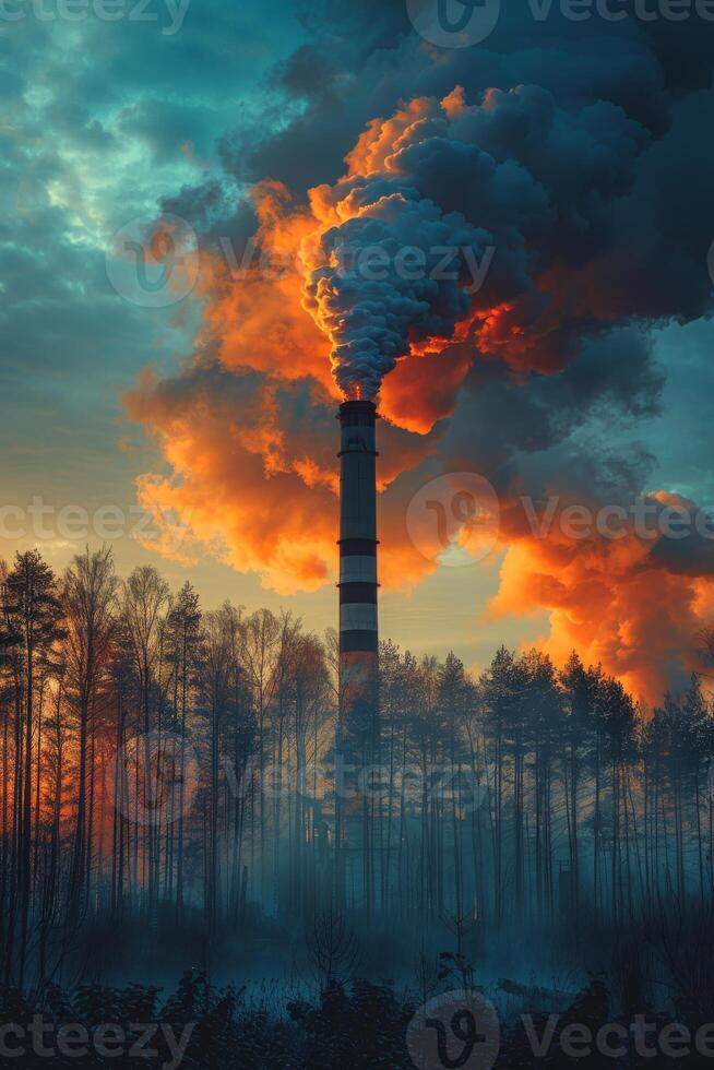 Smoke from the chimney of the plant at sunset. A factory emitting smoke from its chimney photo