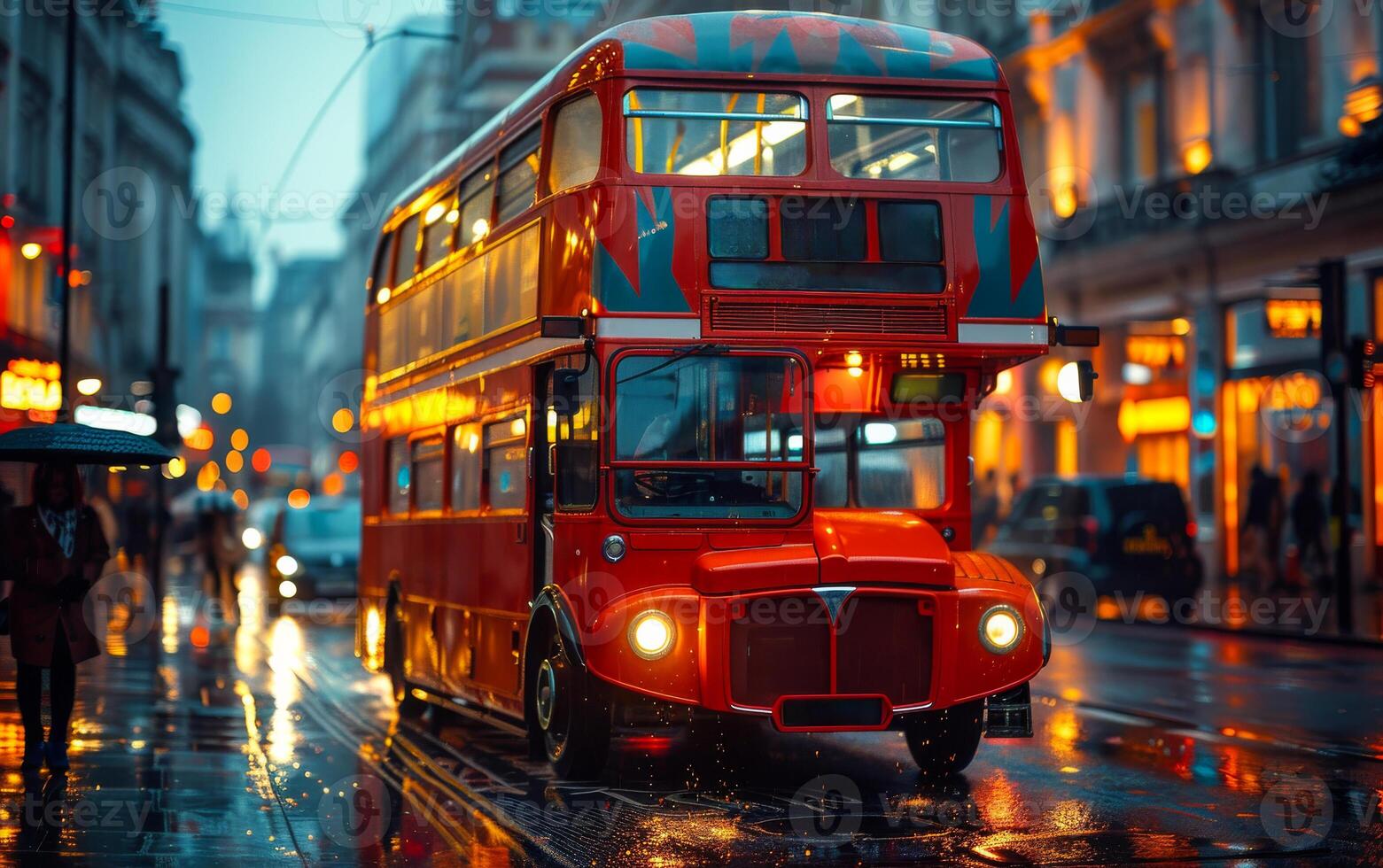 London bus side view in the street. Red double decker bus drives down the street in autumn. photo