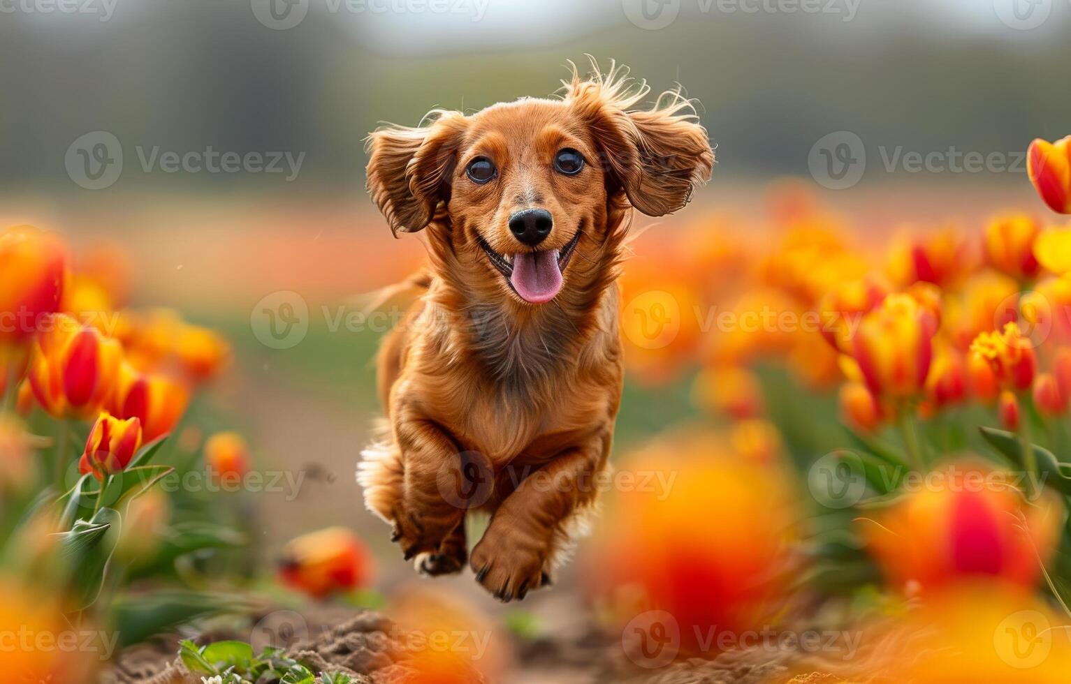 A cute dachshund puppy running through a tulip field photo