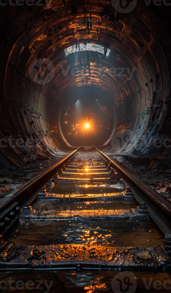 Underground tunnel or rail tunnel with light at the end. A dark tunnel with light at the end photo
