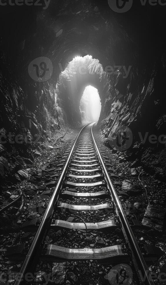 Railway tunnel. A railway tracks and light at the end photo