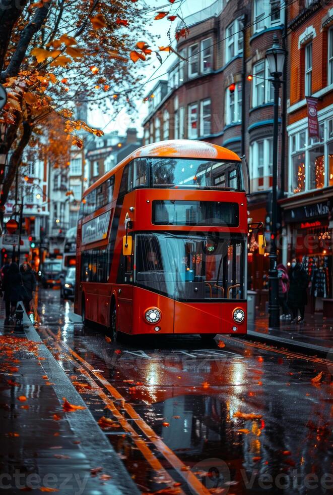Red double decker bus drives down wet street in autumn. photo