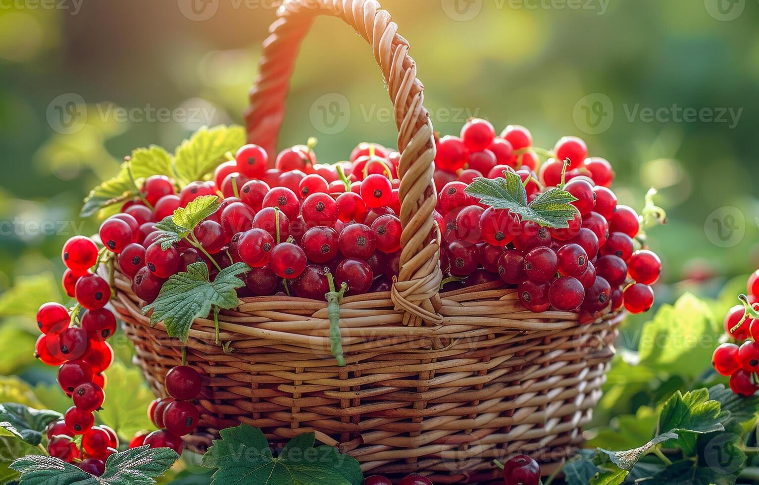 Basket with red currants on the green grass. A basket full of fresh currants in the garden photo