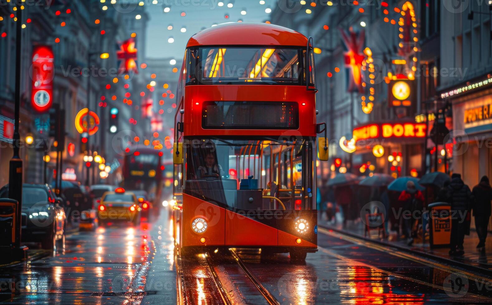 London bus side view in the street. Red double decker bus drives down the street in autumn. photo