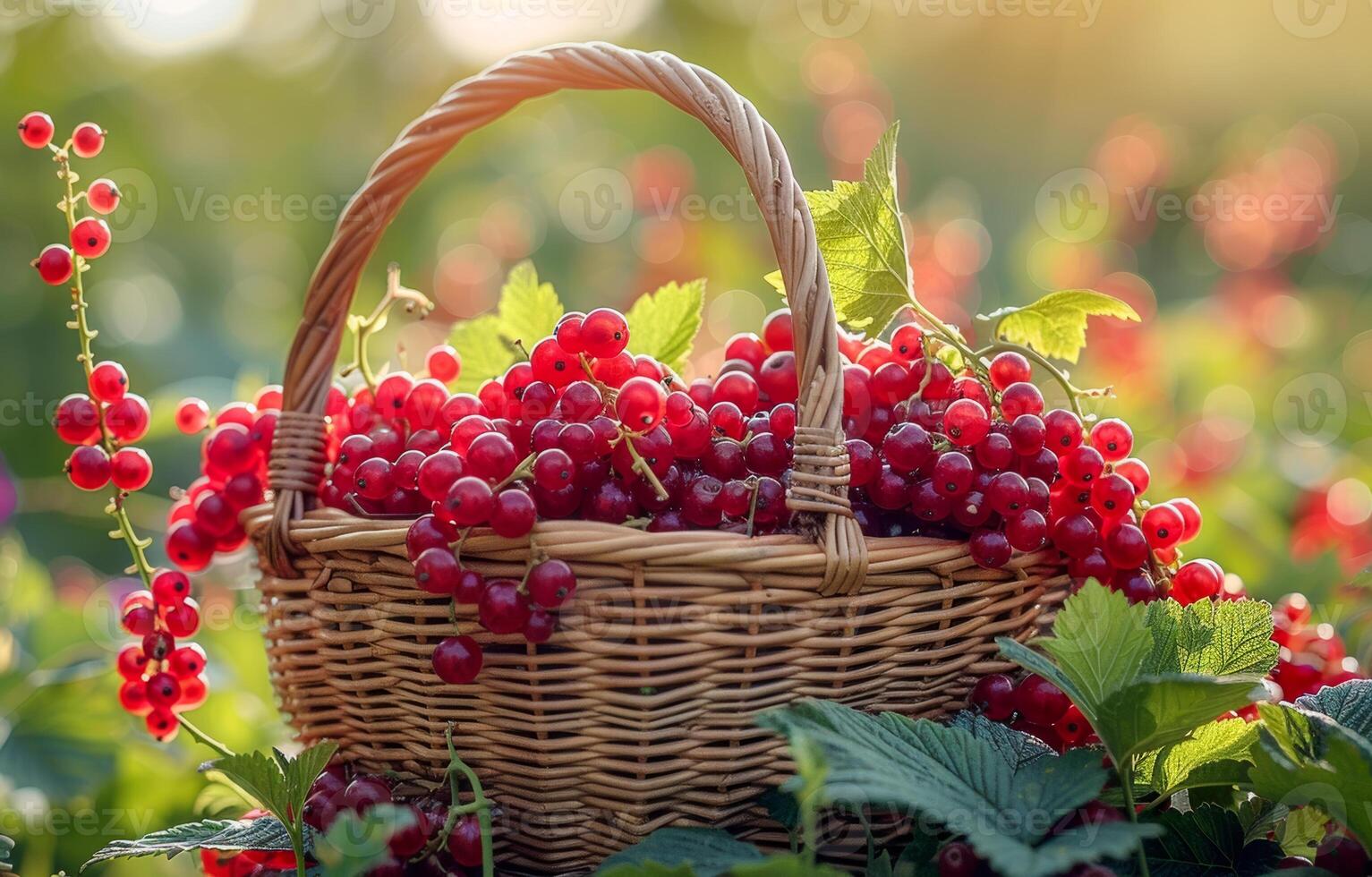 Basket with red currants on green grass. A basket full of fresh currants in the garden photo