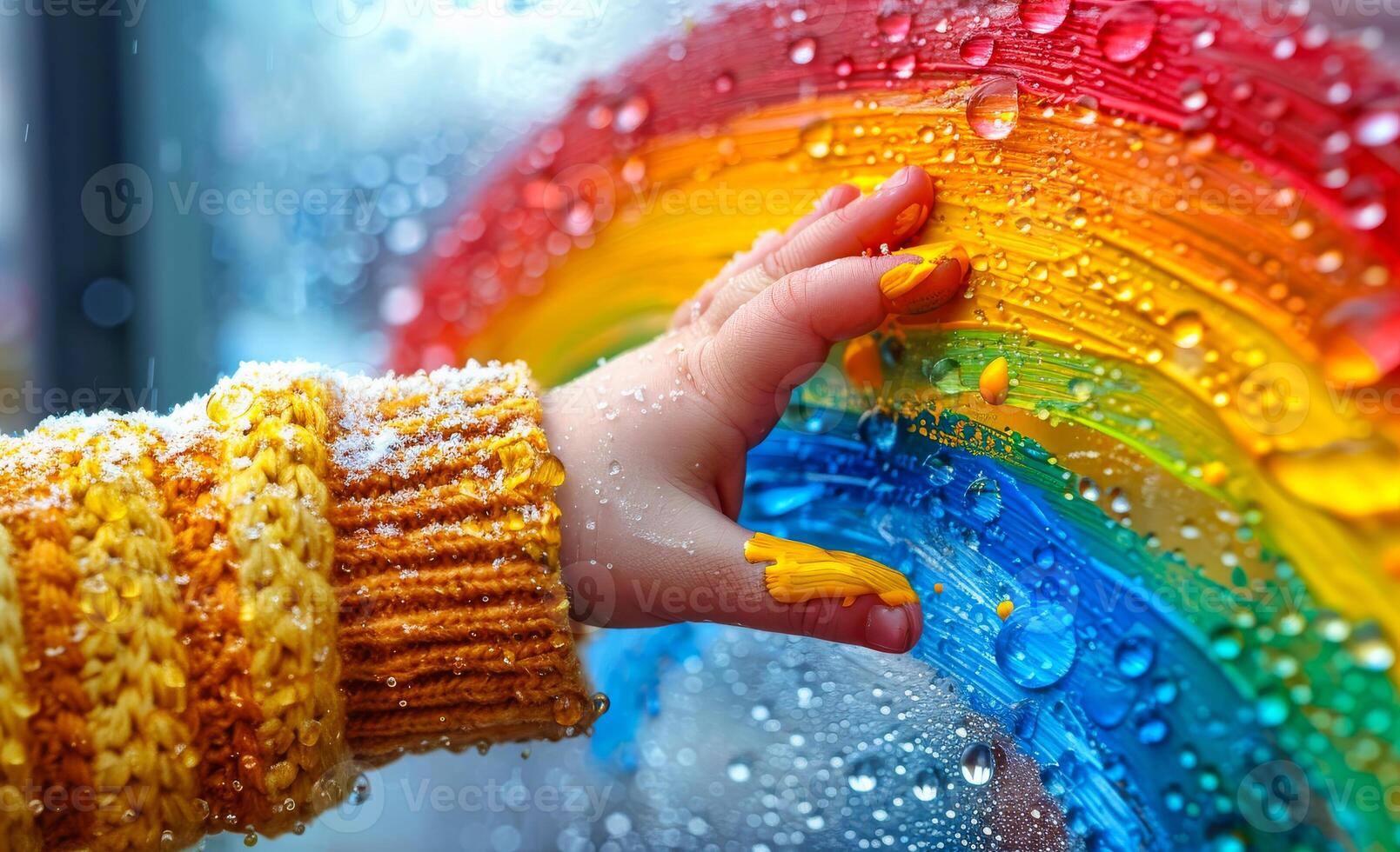 Child draws rainbow on the window. A child's hands touch painting rainbow on window photo