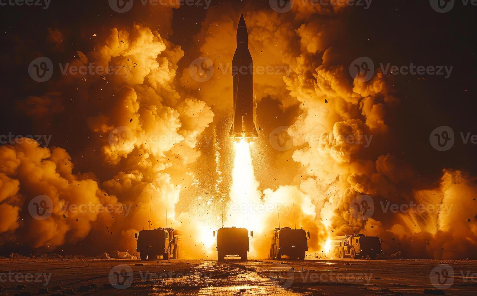 Rocket takes off into the sky. The elements of this image were furnished photo