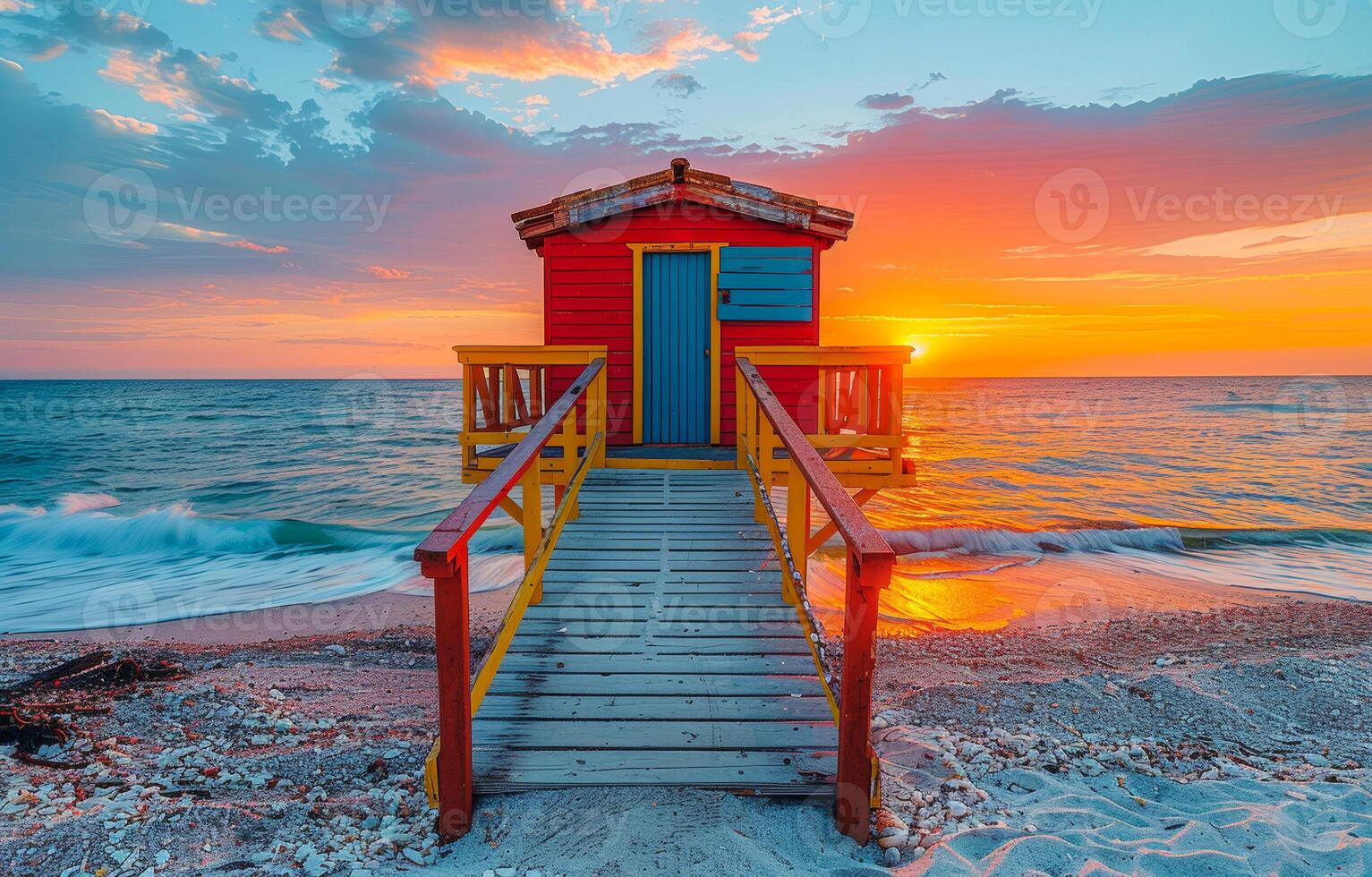 Colorful lifeguard house on the beach at sunrise photo