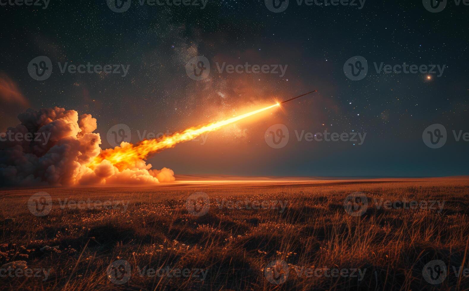 Surface-to-air missile launches in the sky. Nighttime operation of a missile launcher photo