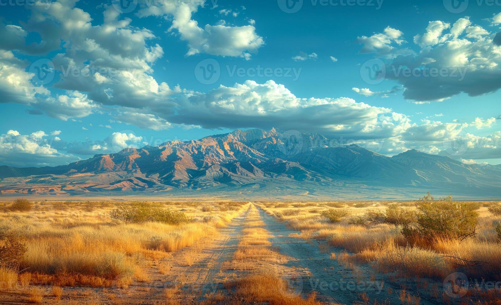 Dirt road leads to mountain in the distance. Minimalist desert landscape photo