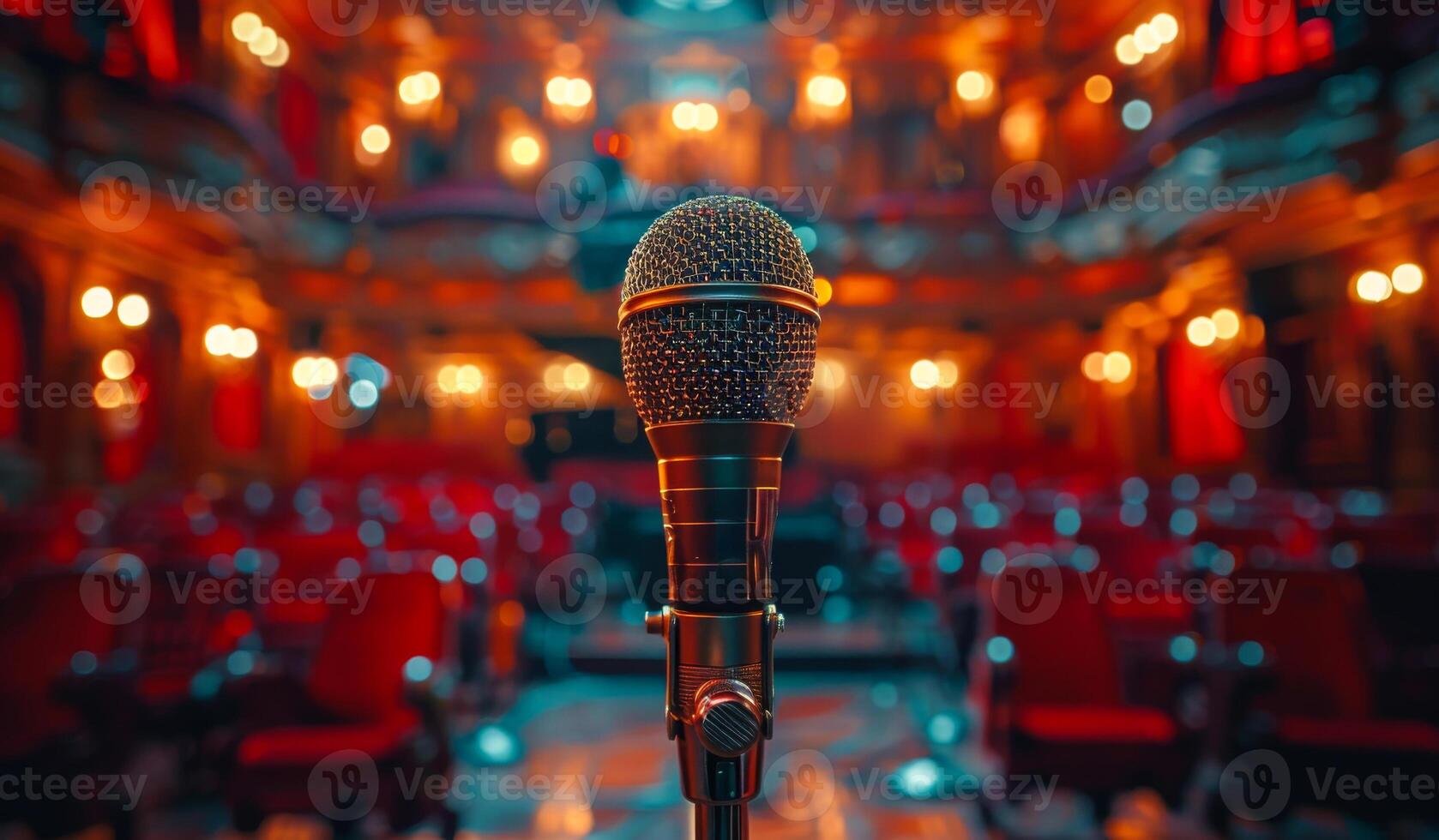 Microphone on stage in concert hall or theater waiting for voice photo