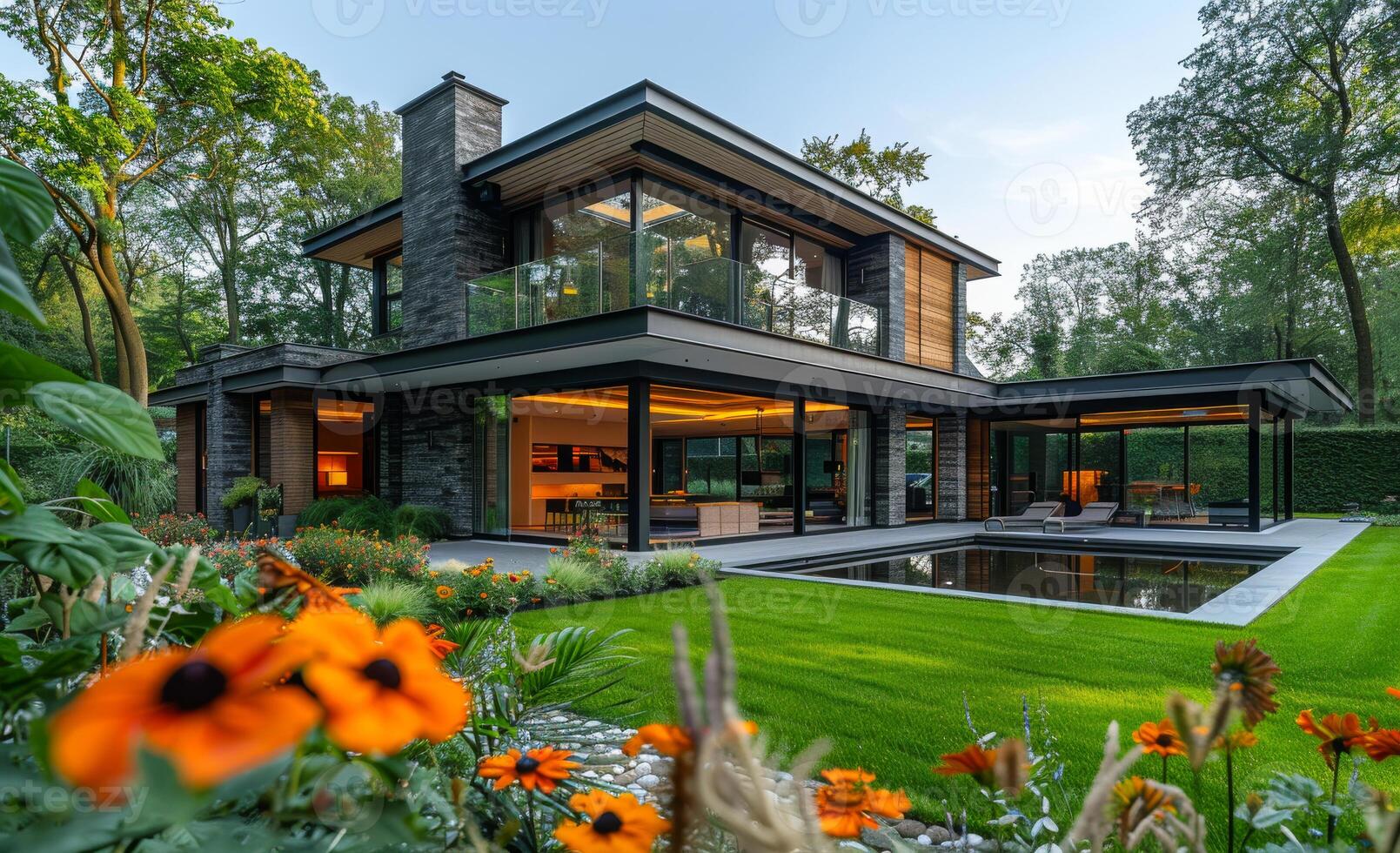 Modern house in the suburbs with pool view from the garden photo