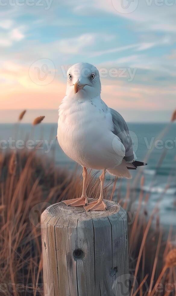Seagull perched on wooden post with the ocean in the background photo