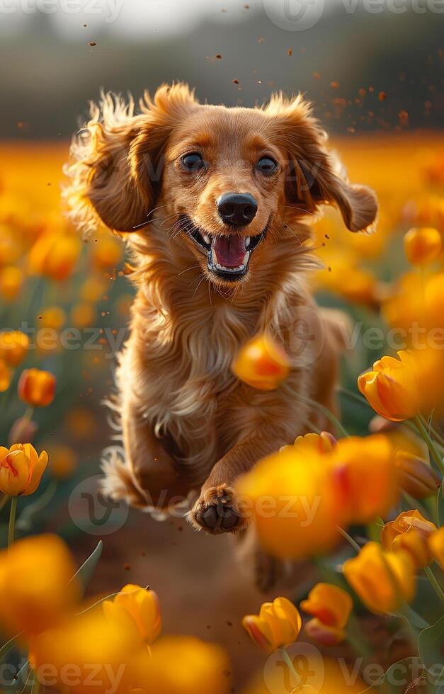 Dog running in field of flowers. A cute dachshund puppy running through a tulip field photo