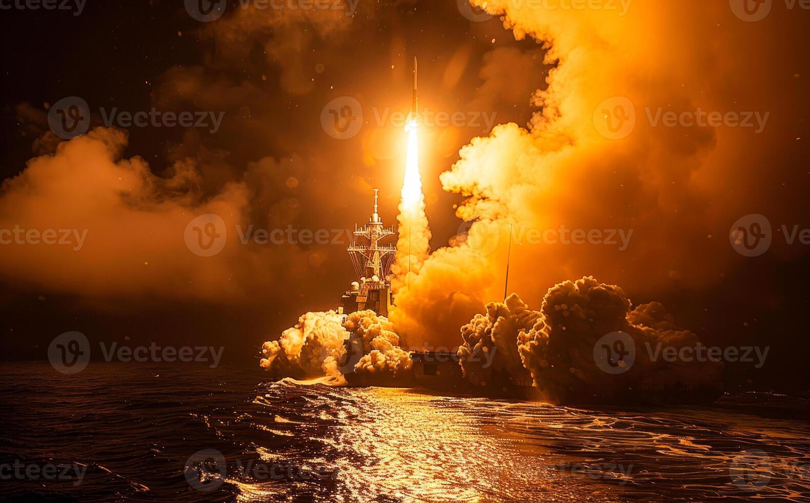 Missile launch at night. Dramatic scene of military conflict in the sea. photo