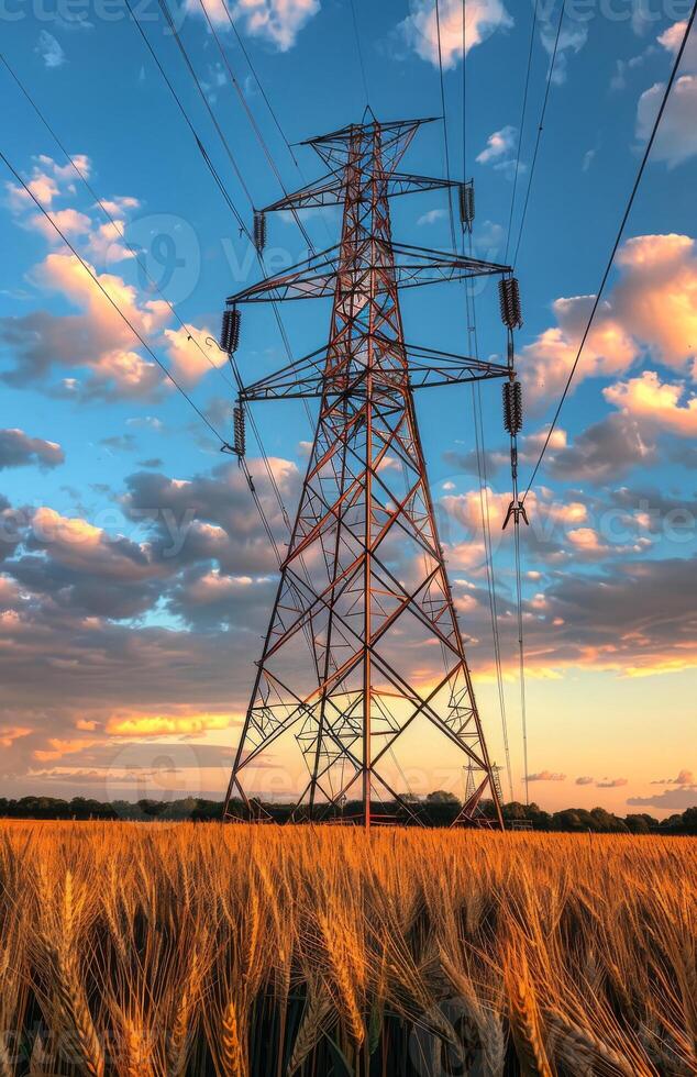 High voltage power lines and pylons in wheat field at sunset photo