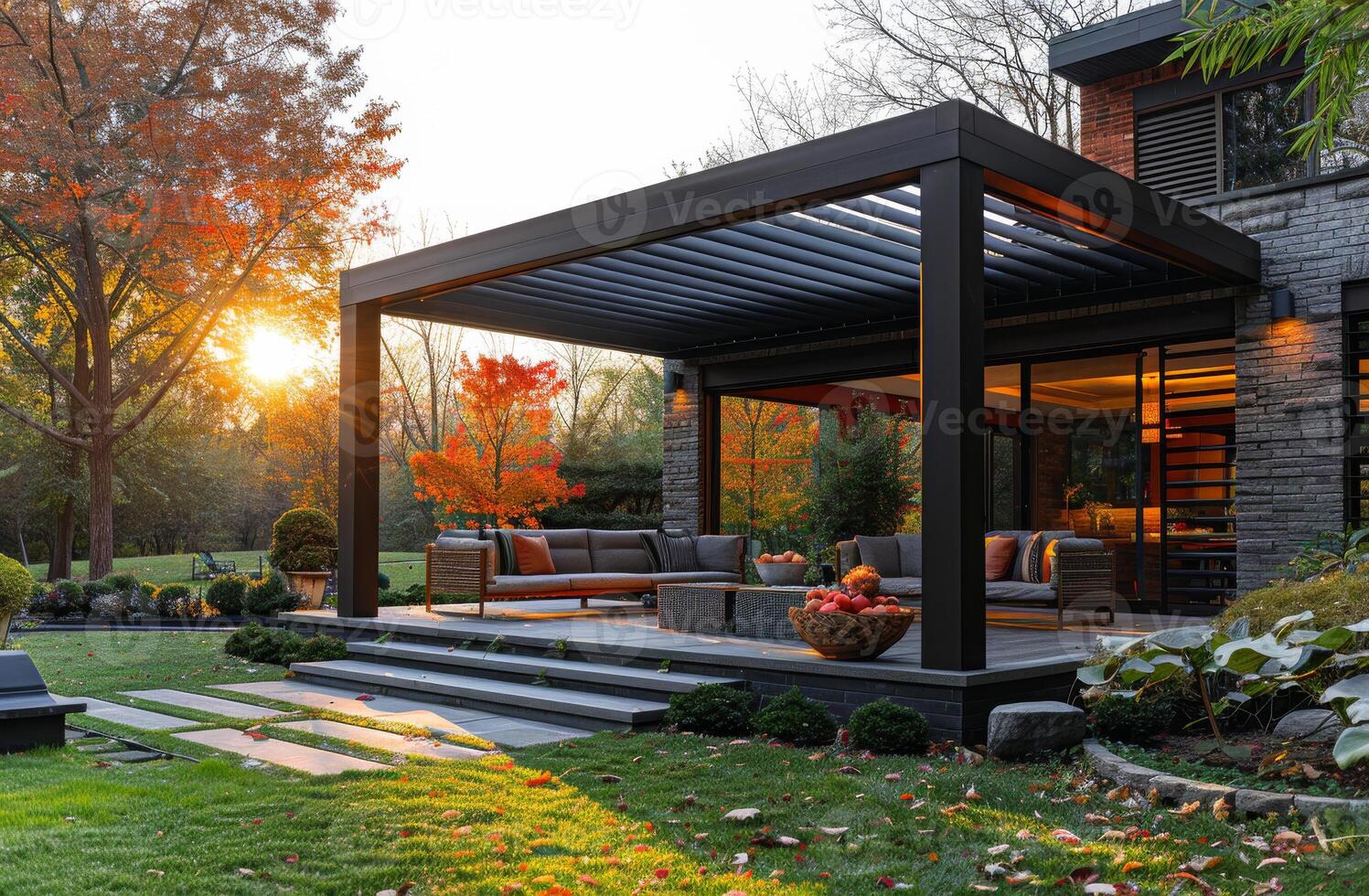 Modern house with patio in the evening photo